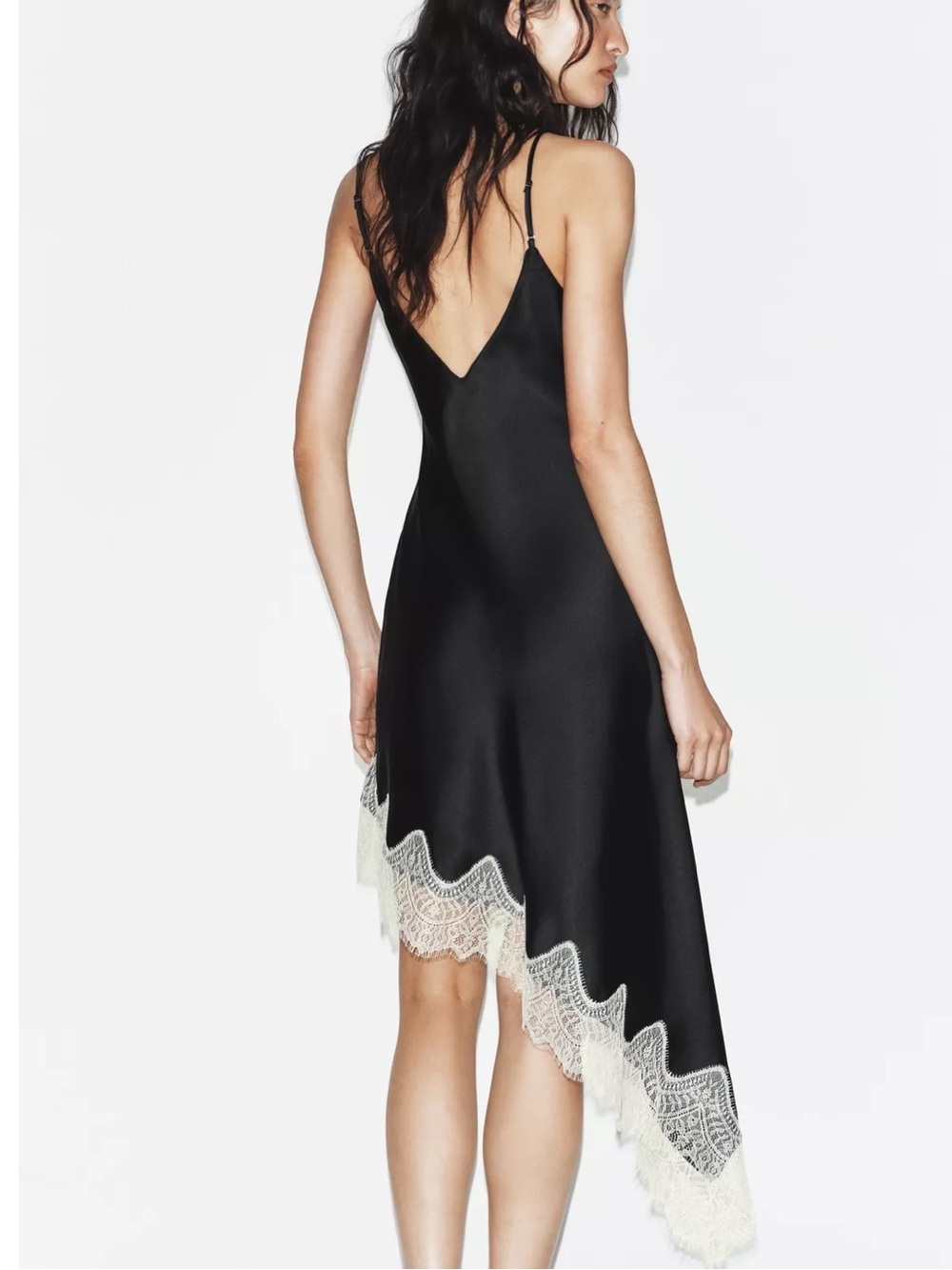 Zara Black Slip Dress with Cream Lace Asymmetrical Hem - Picture 3 of 10